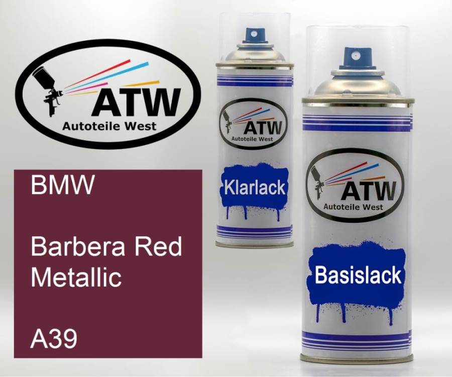 BMW, Barbera Red Metallic, A39: 400ml Sprühdose + 400ml Klarlack - Set, von ATW Autoteile West.